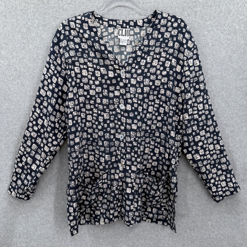 CLIO 100% Silk Button Front‎ Shirt Top Blue Beige Abstract Print Pockets Sz M